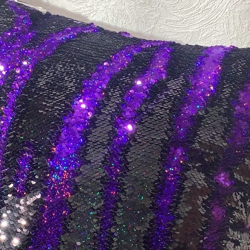 Reversible Sequins Pillow with black plush backside metallic purple & black